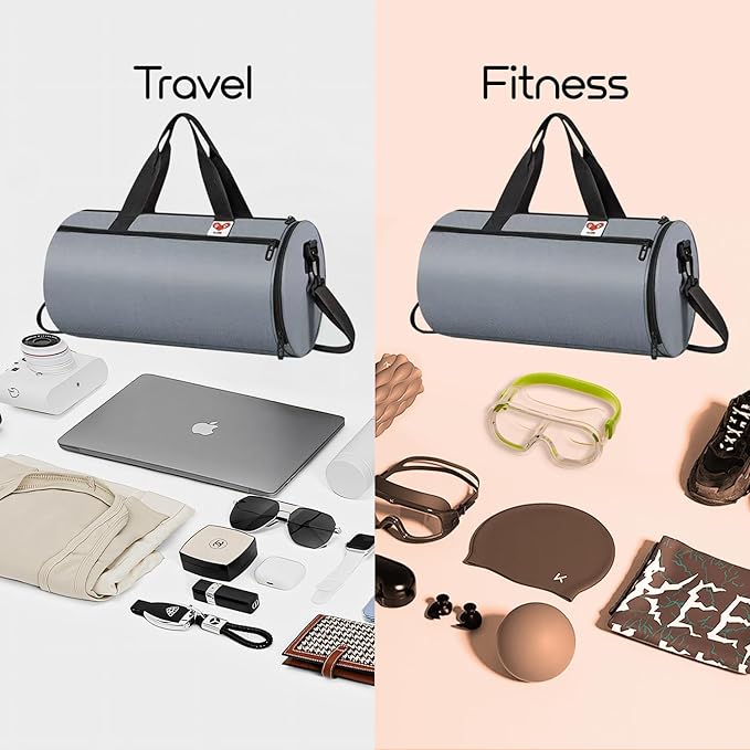 Gym Duffle Bag for Men & Women with Wet & Shoe Separated Compartment, 16 Inch and 16L Small Duffle Bag for travel Carry On, Swimming, Workout. Grey