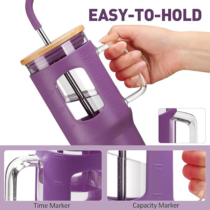 Glass Tumbler with Straw & Lid, 32 oz Glass Cup with Handle, Water Bottles with Time Marker - 2 Straws & Silicone Protective Sleeve Dark Purple