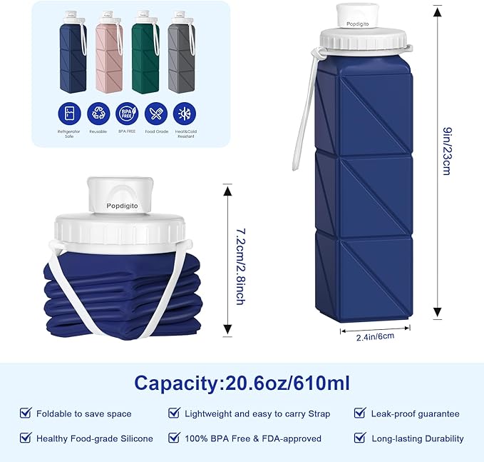 Collapsible Water Bottles 20.6oz Silicone Foldable Leakproof BPA Free Reusable Lightweight Portable Sport Water Bottles For Travel Camping Hiking Outdoor Indoor Detachable for Dishwasher