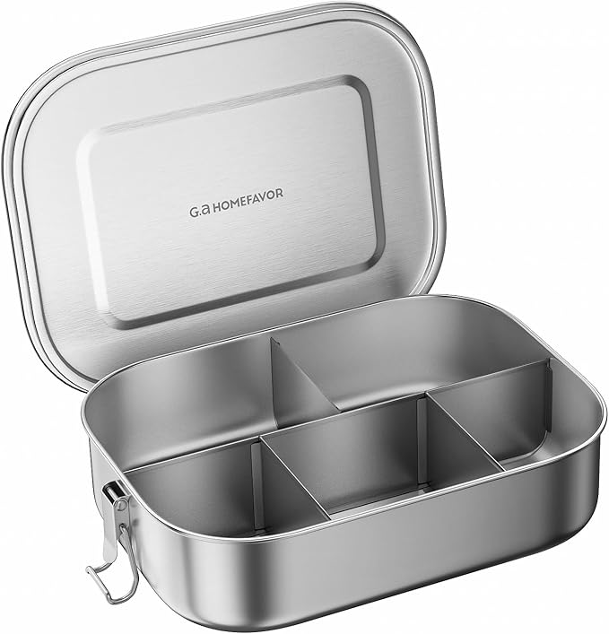 G.a HOMEFAVOR Stainless Steel Bento Lunch Box, Metal Lunch Container with 5-Compartment, 1400 ml, Ideal for Work & Travel, Meal Prep, Leak Proof, Dishwasher Safe