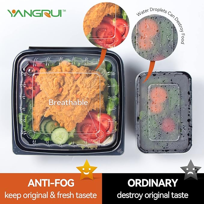 YANGRUI Takeout Containers 8" 34 oz 25 Pack - Steam Resistant Clamshell Lid | Shrink Wrap BPA Free PP Plastic | Reusable Heavy Duty Freezer & Microwave Safe | Restaurant 3 Compartment Food Container