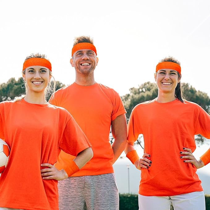 24 Pieces 80s Neon Sweatbands Set, Include 8 Sports Headbands and 16 Sweat Wristbands Elastic Athletic Tennis Sweat Bands Bulk for Man Woman