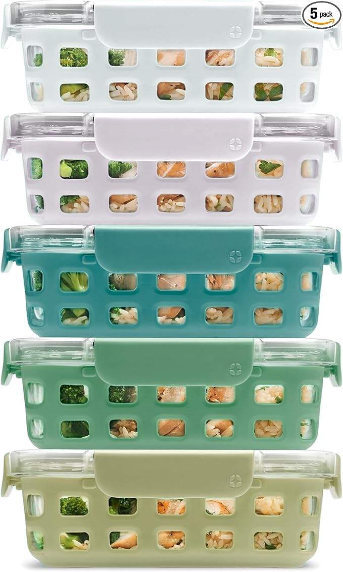 Ello Duraglass 3.4 Cup Meal Prep Sets 10Pc, 5 Pack Set- Glass Food Storage Container with Silicone Sleeve and Airtight BPA-Free Plastic Lids, Dishwasher, Microwave, and Freezer Safe, Olive Tree