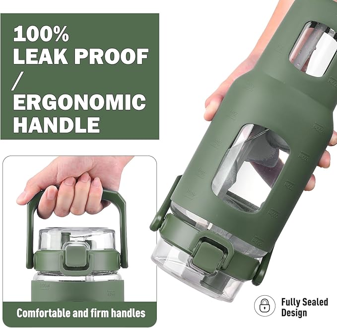 BLUEGO 40oz Glass Tumbler with Lid and Straw, Glass Water Bottles with Handle, Glass Cup with Time Marker and Silicone Sleeve, Fits Most Cup Holder, Leak-proof, Olive