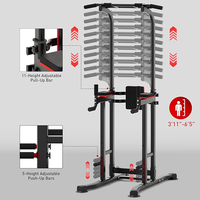 Outdoor Basic Power Tower, Pull Up Bar and Dip Station for Home Gym, 1600LBS Weight Capacity, Adjustable Height, Heavy Duty Steel Frame for Calisthenics, Strength Training Fitness Equipment