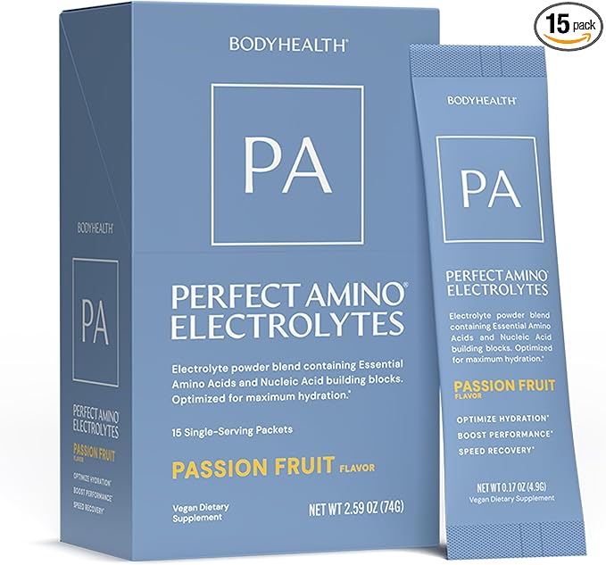 BodyHealth PerfectAmino Electrolyte Drink Mix – Passionfruit – No Sugar, Keto & Fasting Friendly, Hydration with Trace Minerals – Stick Packs