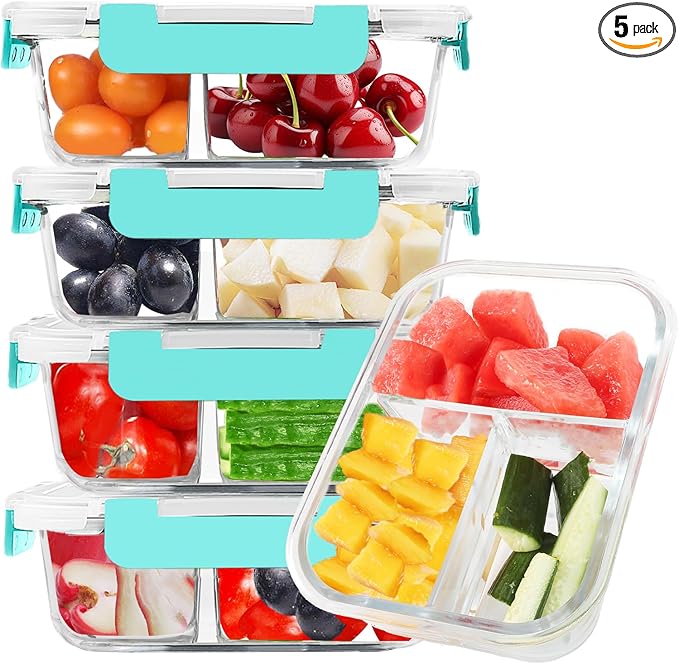 BAYZZ 5 Pack 35 Oz Glass Meal Prep Containers 3 Compartments, Glass Food Storage Containers, Lunch Bento Box with Airtight Lids, Microwave, Freezer & Dishwasher Safe, Green