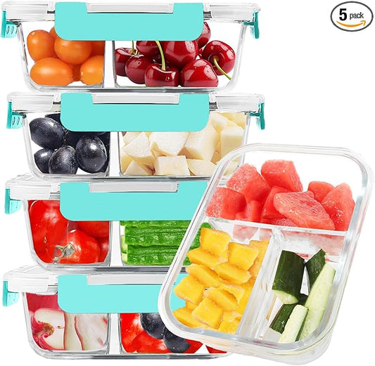 BAYZZ 5 Pack 35 Oz Glass Meal Prep Containers 3 Compartments, Glass Food Storage Containers, Lunch Bento Box with Airtight Lids, Microwave, Freezer & Dishwasher Safe, Green