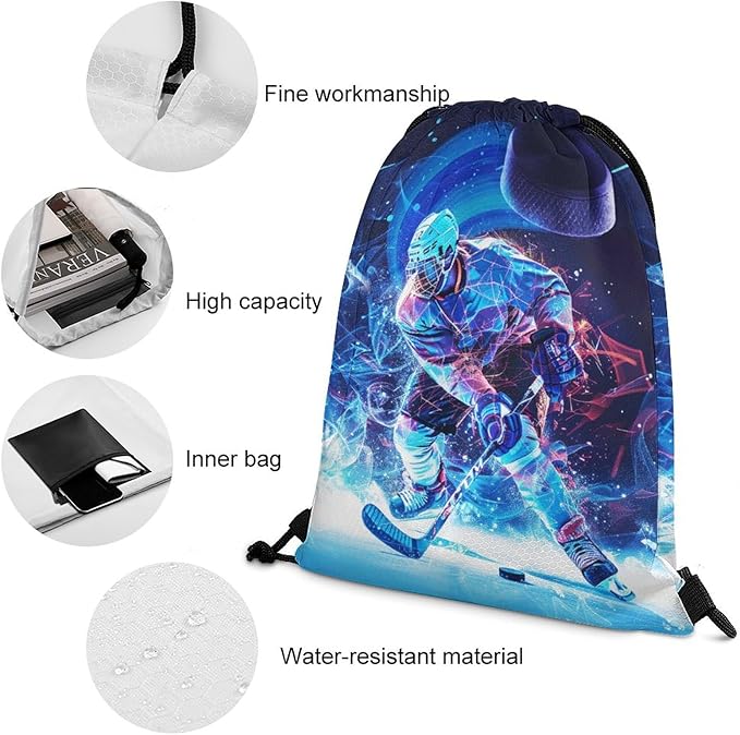 Hockey Drawstring Backpack - Cool Cinch Sack, String Backpacks for Kids Women Men Boys Girls for Gym Outdoor Sports Travel Athletic Drawstring Bag - Lightweight/Foldable