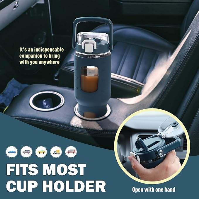 BLUEGO 32oz Glass Tumbler with Lid and Handle, Iced Coffee Cup with Straws, Glass Water Bottle with Silicone Sleeve and Volume, Marker Glass Cup with Time Marking, BPA Free, Dark Blue