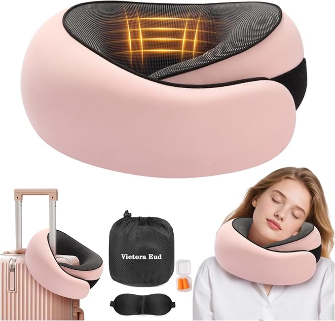 Ergonomic Travel Neck Pillow with Memory Foam Support – Comfortable Airplane Pillow for Adults, Portable Neck Cushion for Car, Office and Long Flights with Eye Mask, Earplug Holder and Carry Bag