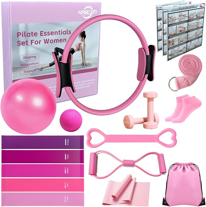KABCON Pilates Equipment Essentials Set for Women at Home with Complete User Guide,13” Pilates Ring,9.8” Exercise Ball,Resistance Bands,Yoga Socks,Yoga Strap,13/14/16-Pcs Starter Workout Set