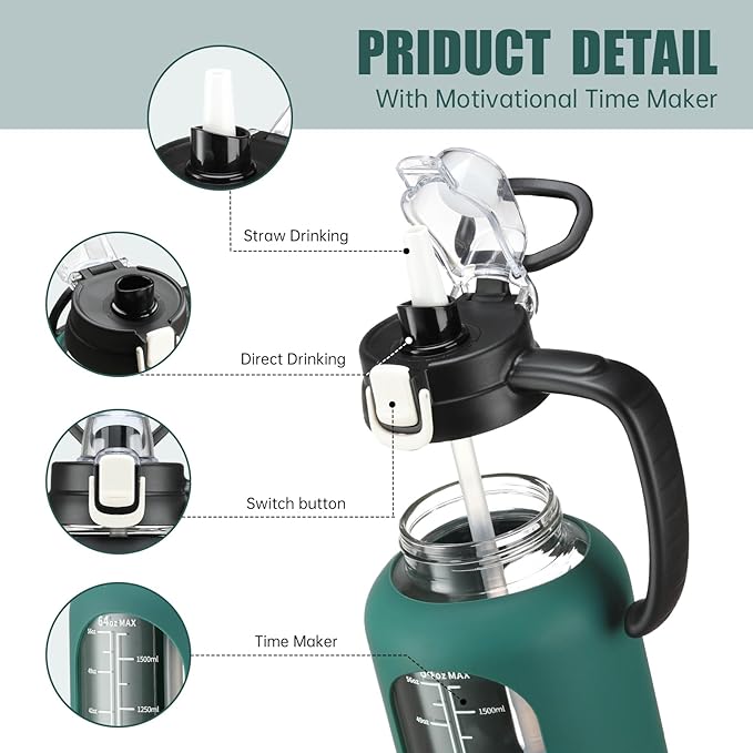 64 oz Glass Water Bottle with Straw and Handle Half Gallon Water Jug with Silicone Sleeve Large Water Bottle for Office, Gym, Outdoor Sports