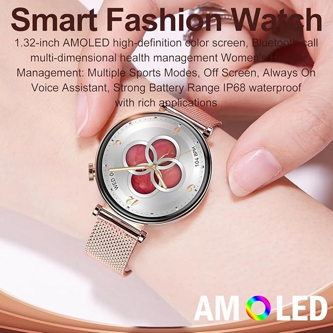 Smart Watch for Women, 1.32" AMOLED Screen Smartwatches for Android/iOS, Fitness Tracker with Answer/Make Call, Female Cycle, Heart Rate, Sleep Monitor, IP68 Waterproof (2 Watch Bands) Rose Gold
