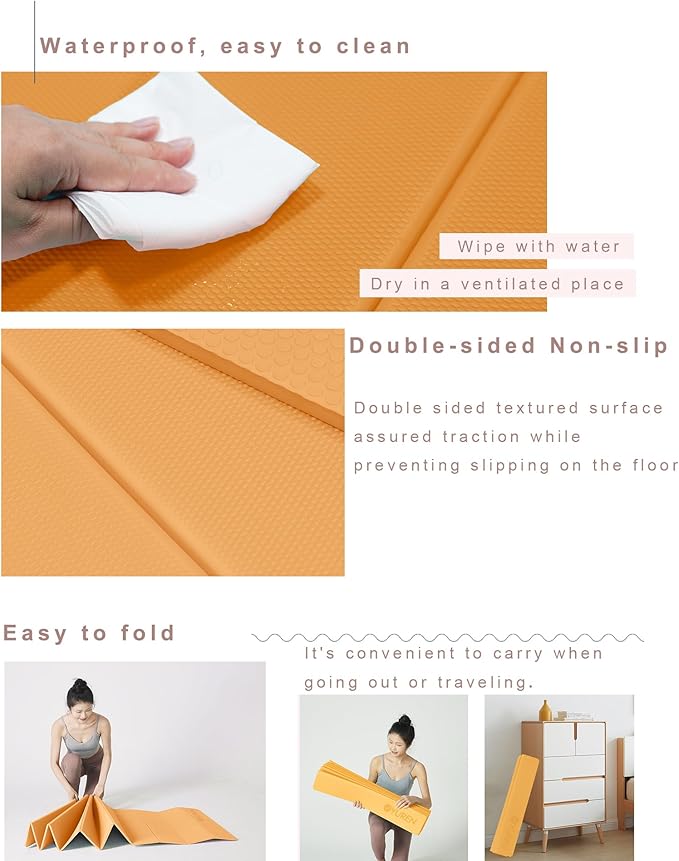 Foldable Yoga Mat 10mm Thick Wide Exercise Mat Non Slip Workout Mat for Home Gym, Travel, with Yoga Carrying Bag