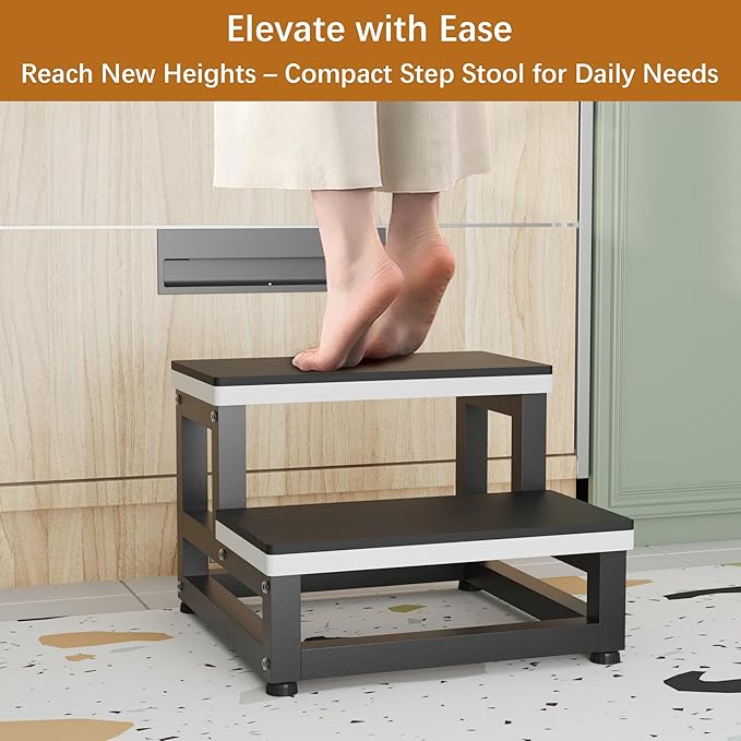 GIOTORENT 2 Step Stool Black with 1cm Non-Slip Pads - Heavy Duty 500lbs Wooden Step Stools for Adults, Bed Steps for High Beds, Adjustable Feet Kitchen Step Stool