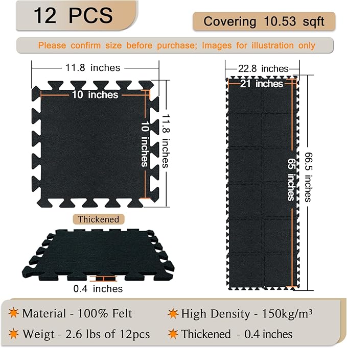 BXI Puzzle Exercise Mat 12 Pcs, 11 x 11 x 0.4 inches, High Density Noise Reduction Puzzle Felt Rug Mat, Non Slip Interlocking Floor Tiles for Workout, Gymnastics and Home Gym Protective Flooring