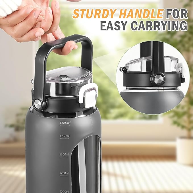 BLUEGO 64oz Glass Water Bottles with Straw Time Marker Half Gallon Large Motivational Water Bottle with Silicone Sleeve 2 Liter Large Glass Water Jug for Gym, Sports& Workout, Daily, Dark Grey