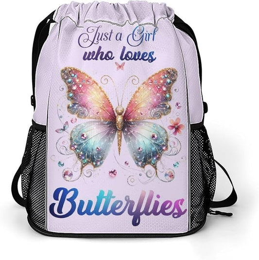 Butterfly Drawstring Backpack - Cute Cinch Sack, String Backpacks with Pocket for Kids Boys Girls Women Men for Gym Outdoor Sports Travel Athletic Drawstring Bag - Lightweight/Foldable