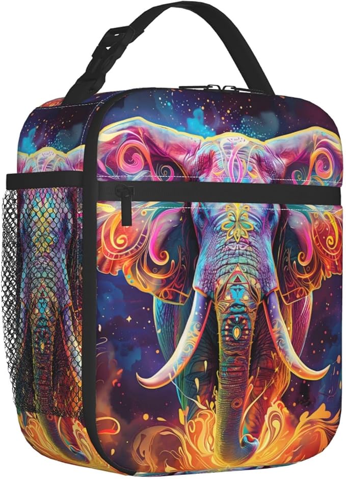 Colorful Elephant Lunch Box for Women Girls Kids, Insulated Cooler Vibrant Elephant Lunch Bag for School, Picnic, Office, Work, Travel, Portable Polyester Thermal Reusable Tote Lunch Bags