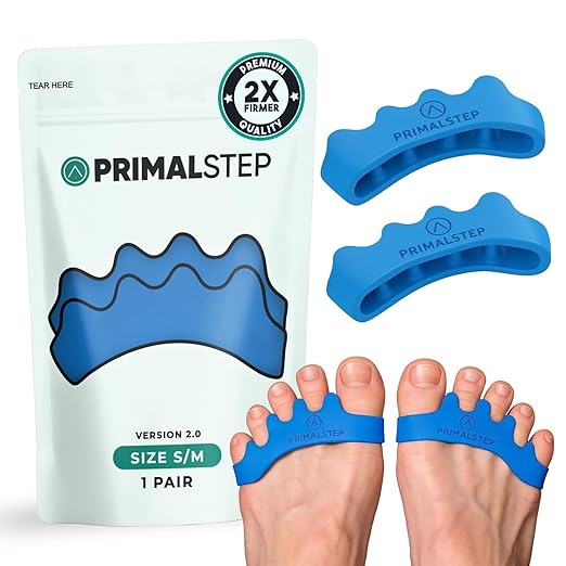 2.0 FIRM EDITION Toe Separators - Extra Firm, Stretchy & Flexible - Thicker & More Durable - Dr. Recommended - Loved by Those with Bunions or Plantar Fasciitis - Toe Spacers for Athletic Mobility (Blue, S/M)