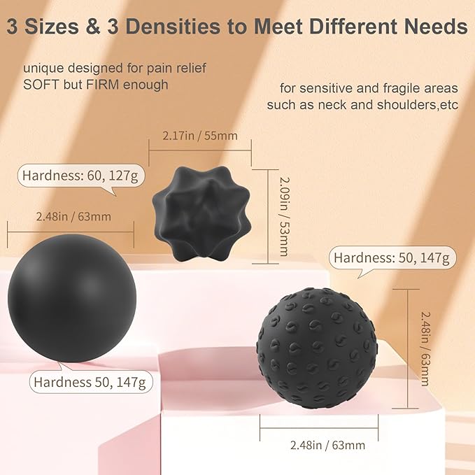 Massage Balls for Myofascial Release,Yoga Deep Tissue,Trigger Point Therapy & Foot Plantar Fasciitis,Muscle Soreness Massager Ball (3 Pack,Black)