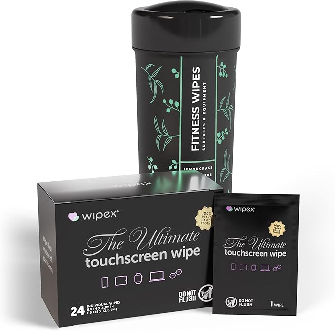 Wipex Screen Wipes & Gym Wipes Combo Pack - 75ct Gym Equipment Wipes Canister & 24ct Individually Wrapped Fitness Touch Screen Wipes, Safe for Yoga Mats & Electronics, Lemongrass Scent