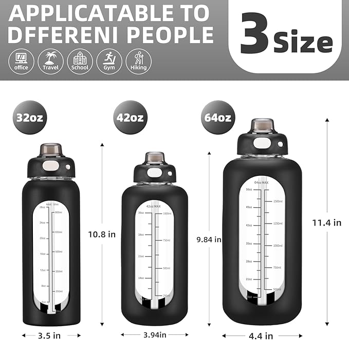 SIEROZUR 64 oz Borosilicate Glass Water Bottle with Straw, Motivational Sports Bottle, Durable Silicone Sleeve, Time Marker, for Gym, Sports, Workout, Daily