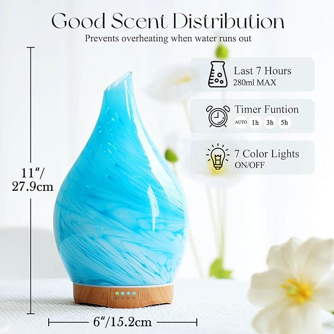 Porseme 280ml Essential Oil Diffuser Glass Color Changing Aroma Air Diffusers Aromatherapy Ultrasonic Cool Mist Humidifier 7 Running Hours Waterless Auto-off for Sleeping, Yoga, Office, Spa(Blue Wave)