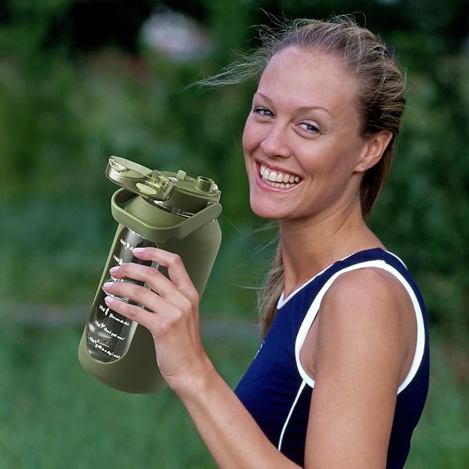 SIEROZUR 74oz Glass Water Bottle with Straw and Lid Large Gallon Water Jug with Silicone Sleeve and Handle 2.2 liter Wide Mouth Bottle with Time Marker for Gym Sports& Workout