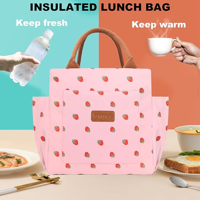 Joymee Lunch Bag Women Insulated Lunch Box Reusable Leakproof Large Spacious Cooler Tote for Women Men Adult with Bottle Holder and Side Pockets for Work Office Travel Picnic - Strawberry Pink