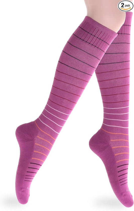 Cotton Compression Socks for Women & Men. 15-20 mmHg Support Knee-High Berry Stripes M/L