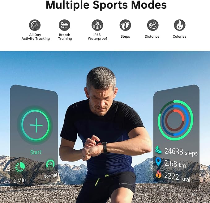 Health Fitness Tracker, Smart Watch with 24/7 Heart Rate and Blood Oxygen Monitor, Sleep Tracker with IP68 Waterproof, Activity Tracker Pedometer Step Counter for Women Men (Deep Black)