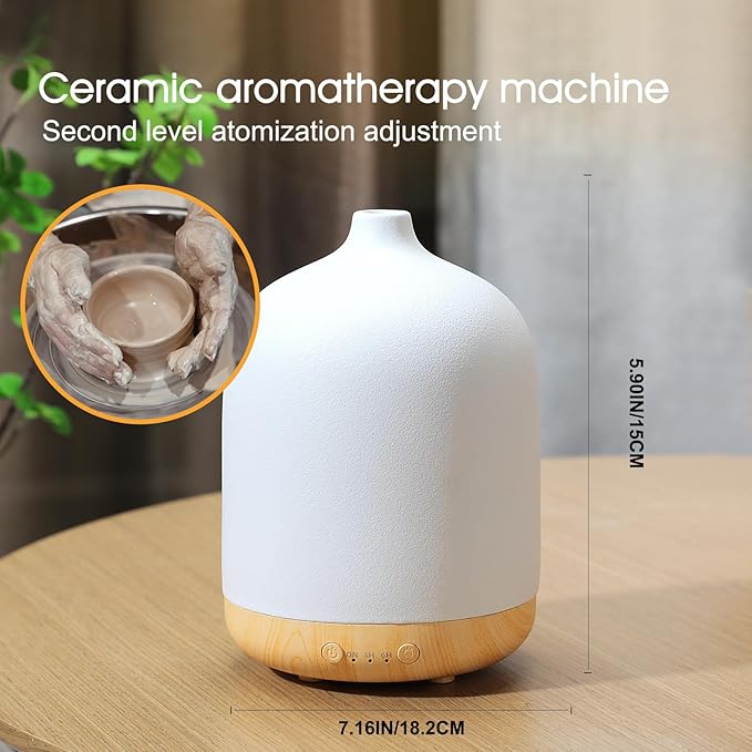 Ceramic Essential Oil Diffusers for Home, Decorative Bedroom Aromatherapy Scent Air Diffuser Ultrasonic Aroma Defusers 250ml with Timed-Wood Grain+White