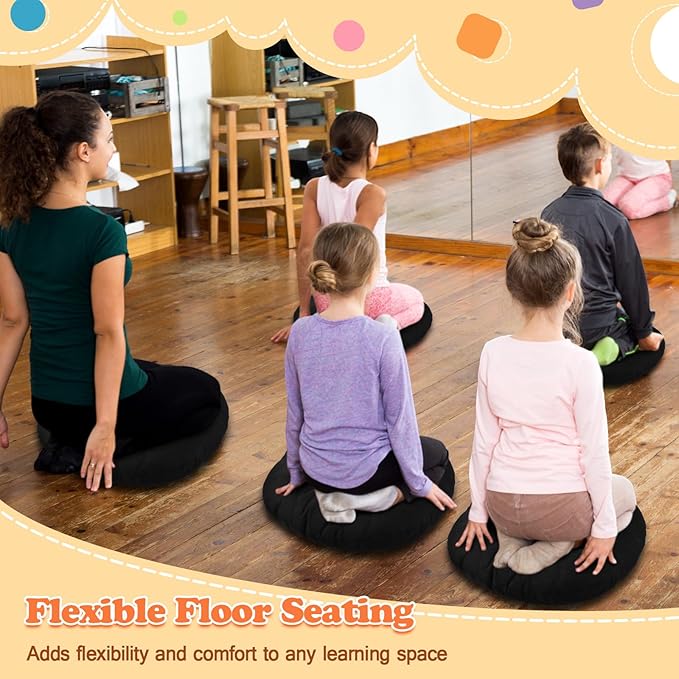 Fumete 8 Pcs 16 Inch Round Floor Cushions for Kids and Toddlers, Flexible Seating Classroom Furniture Floor Pillow for Home, Daycare, Preschool, Yoga and Meditation (Black)