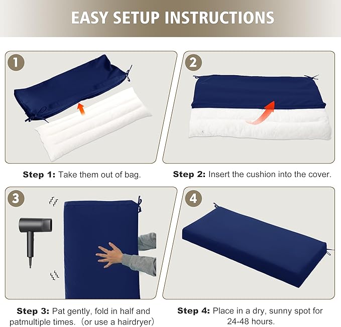 Outdoor Bench Cushion Waterproof 59"x18" – Fade-Resistant Patio Furniture Cushion with Ties for Loveseat, Porch Swing or Indoor Bench Replacement, Navy Blue