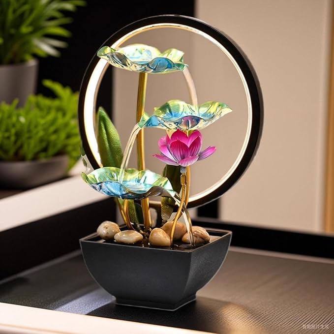 Indoor Tabletop Tiered Water Fountain 3 Level Tabletop Waterfall Meditation Fountain Includes Many Natural River Rocks LED Lights Relaxing Small Water Feature for Desk or Home Decor