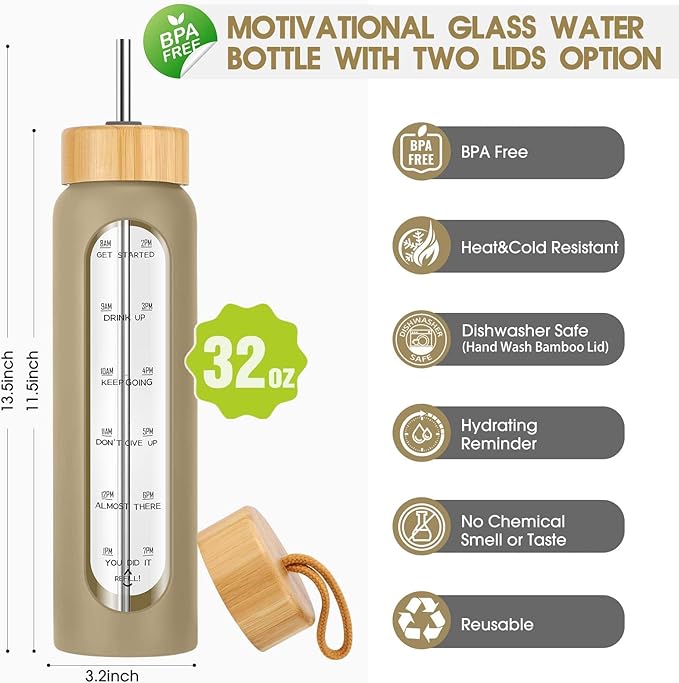 32 oz Glass Water Bottle with Straw - Motivational Time Marker & Silicone Sleeve - Reusable Tumbler Includes 2 Bamboo Lids & Fruit Infuser - 1 Pack