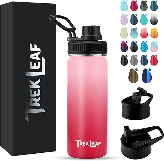 Travel Water Bottle with 3 Lids (Spout, Straw, Flip) Leak Proof, Quality, Vacuum Insulated, Stainless Steel (Blush, 18 oz)