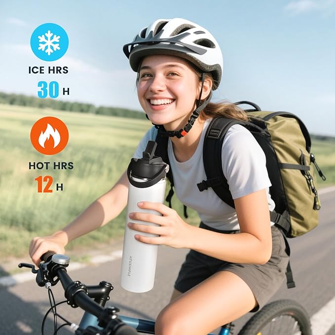24oz Insulated Travel Water Bottle - Stainless Steel, Leakproof - Keep Hot for 12hrs & Cold for 30hrs - for Outdoors, Sports, Bike, Gym, Marathon - Gift for Women, Men (White)