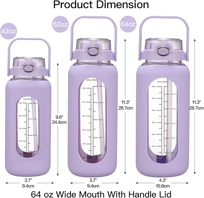 64oz Glass Water Bolttles with Straw Half Gallon Large Motivational Water Bottle with Time Marker Sports Water Bottles with Silicone Sleeve and Handle Lid Water Jug for Gym Workout