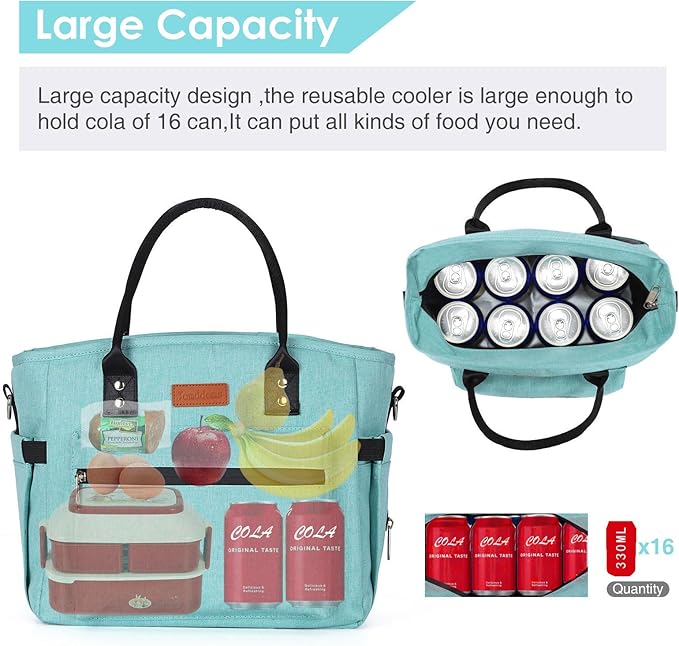 Insulated Lunch Bag for Women Men,Adult Lunch Box for Women with Adjustable Shoulder Strap,Portable Large Lunch Tote Bag for Office Work Picnic Beach,Reusable Lunch Cooler Bag