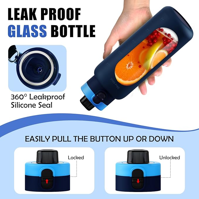 ANOTION 24OZ Glass Water Bottle, Large Sports Water Bottle with Dual-Drink Lid Clear Leakproof Glass Bottles with Straw, Motivational Jug with Silicone Sleeve and Time Marker for Travel Gym-Blue