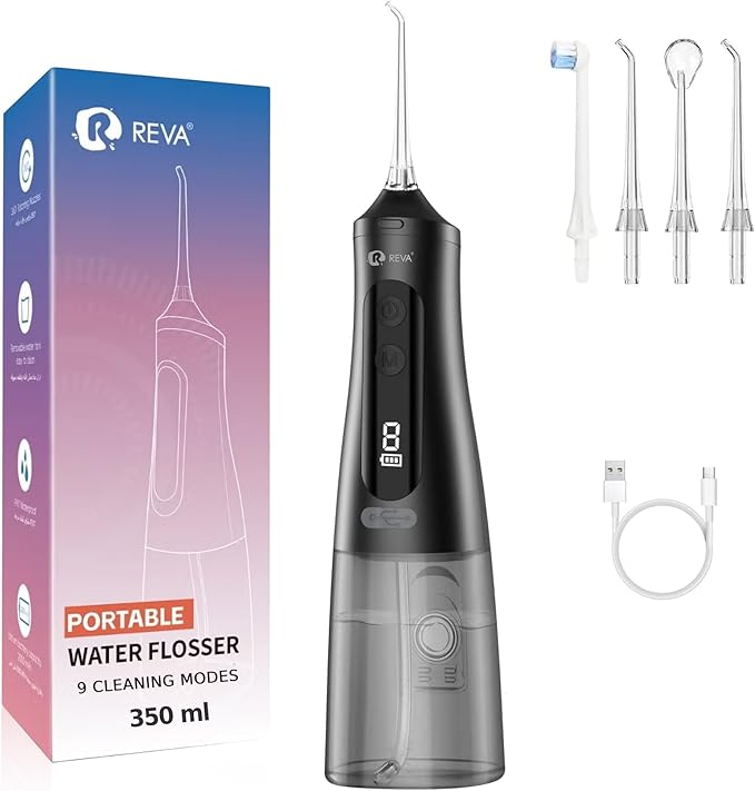 Reva Professional Water Dental Flosser for Teeth & Braces - 9 Modes Cordless Oral Irrigator, 350ML Large Reservoir, 360° Nozzle, IPX7 Waterproof, Rechargeable, Dental Floss Tool (M131 - Black)