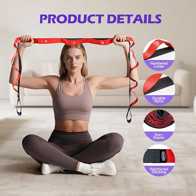 Stretching Strap with Loops - Non Elastic Yoga Straps for Physical Therapy, Durable Stretch Bands for Exercise, Flexibility Training, Hamstring & Leg Stretcher, Yoga/Pilates/Gymnastics