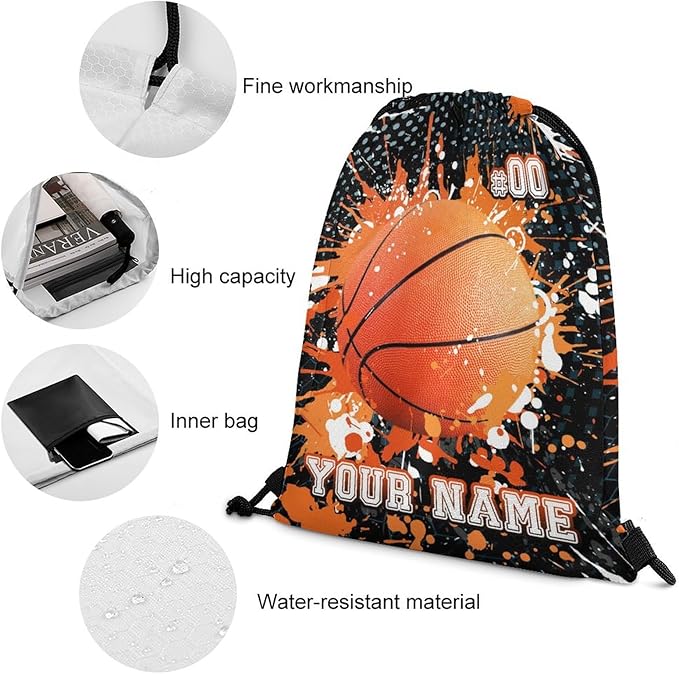 Custom Basketball Drawstring Backpack - Cool Cinch Sack, String Backpacks for Kids Women Men Boys Girls for Gym Outdoor Sports Travel Athletic Drawstring Bag - Lightweight/Foldable