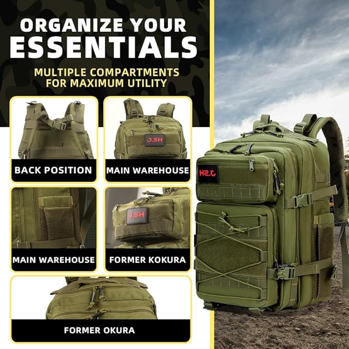 J.SH 45L Large Capacity 3-Day Tactical Backpack, Waterproof & Tear-Resistant, MOLLE System, Adjustable Straps (chest strap and waist strap), Hiking Backpack for Men & Women - Green