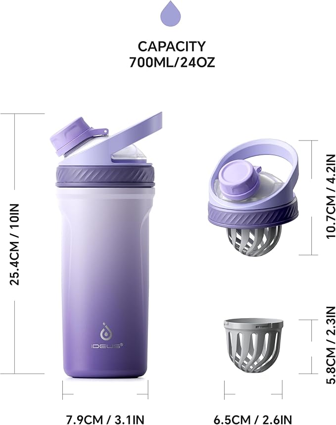 Ideus Protein Shaker Bottle 24oz(710ml) Insulated Stainless Steel Shaker Bottle with Silent Tritan Ball Portable Pre Workout Shaker Cups for Protein Shakes, Smoothies, Cocktails, Purple