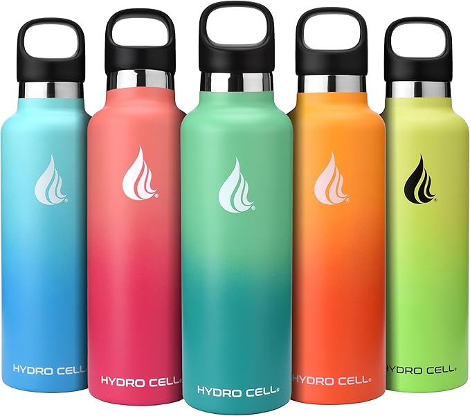 HYDRO CELL Stainless Steel Water Bottle with Straw & 2 Standard Mouth Lids (32oz 24oz 20oz 16oz) Keeps Liquids Hot or Cold w/Double Wall Vacuum Insulated Leak Proof Sport Design (Mint/Green 24oz)