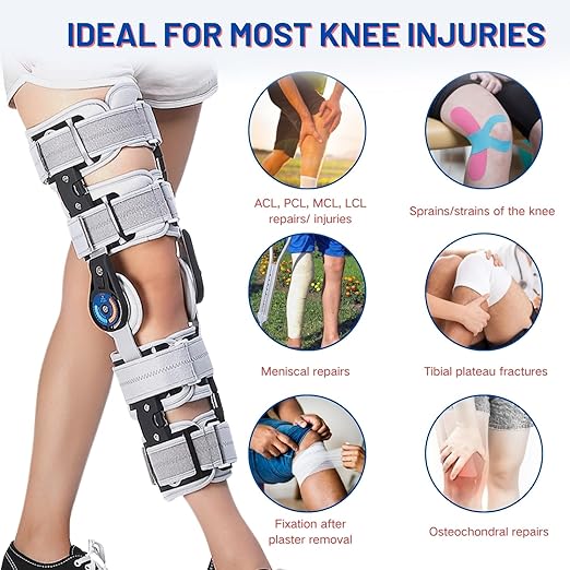 Hinged ROM Knee Brace, Post Op Knee Immobilizer with Side Stabilizers, Adjustable Knee Orthopedic Support After Surgery for Arthritis, ACL, MCL, and PCL Injury